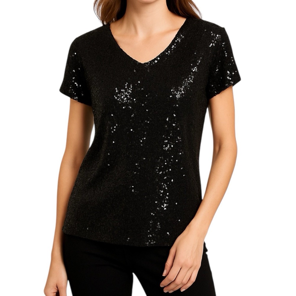 NT by AMATI Black Sequin Top sz 12 V-Neck Short Sleeve Business Casual Italy